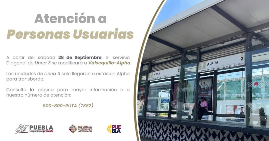 Atentos, Cambios en los Recorridos de RUTA de las Líneas 2 y 3 en Puebla